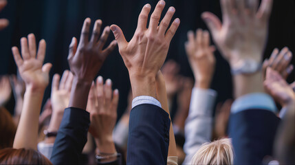 Fototapeta premium Group of people hands up, Hands raised up, A group of diverse people raise their hands, A group of people raising their hand in a seminar or conference