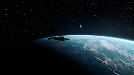 Naklejka premium Spaceship Orbiting Earth At Night In Outer Space