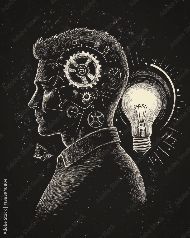Poster creative innovation represented through a mans profile with gears and a lightbulb in a black and whi