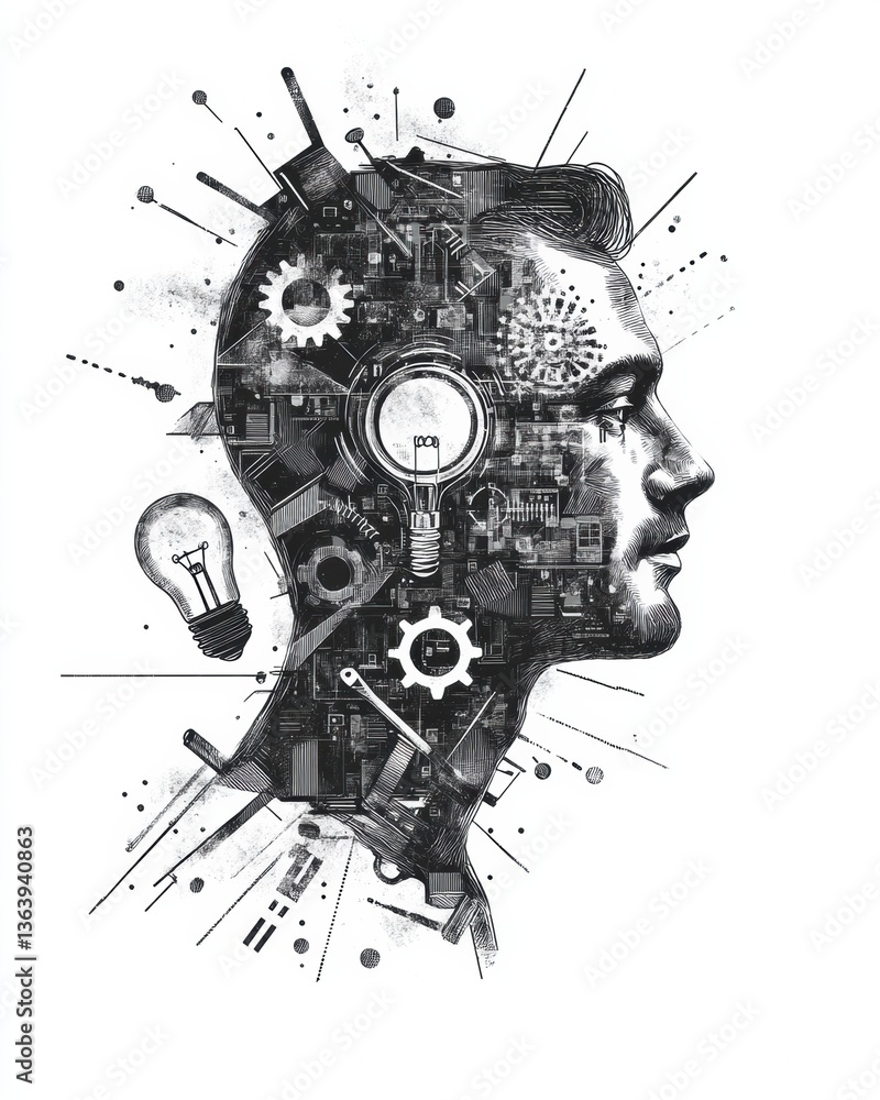 Poster profile of a man with gears and tools symbolizing innovation and creativity in black and white sketc