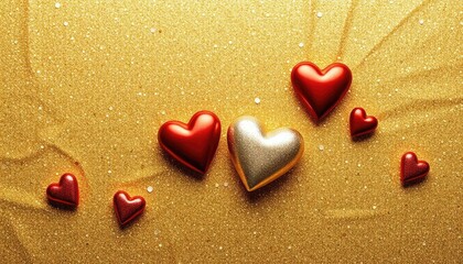 Golden and red hearts on golden glitter background