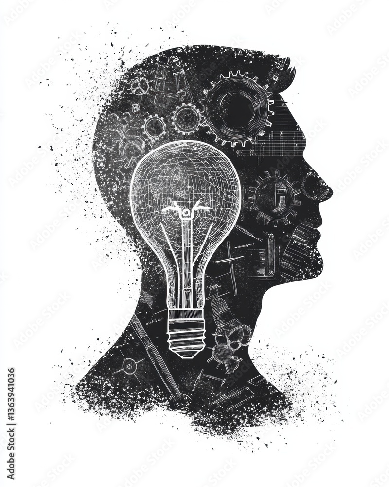 Poster profile of a man surrounded by gears and tools with a lightbulb symbolizing innovation and creativit