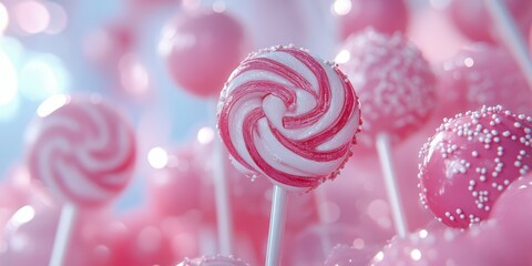 Colorful swirl lollipops create a vibrant display at a candy-themed party for children during a summer afternoon