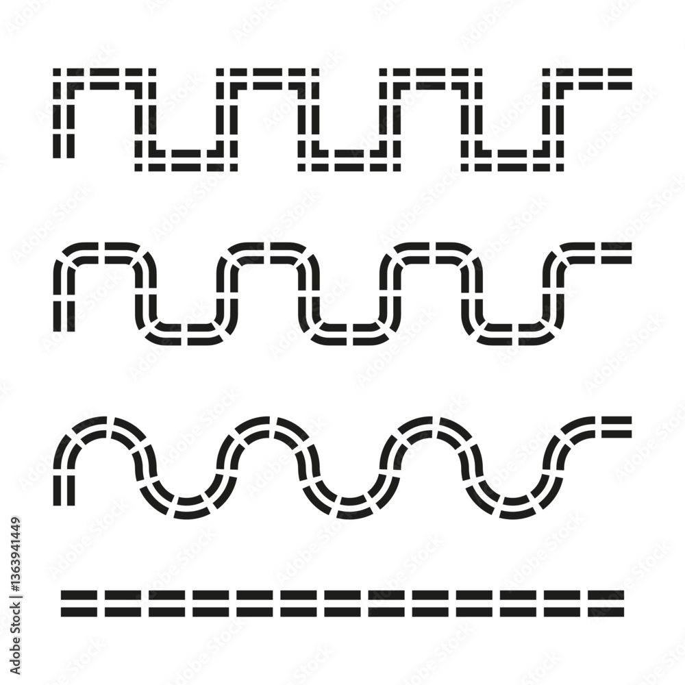 Poster roadway set. highway path. black curved streets. infrastructure elements.