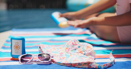 Summer, sunscreen and product for skincare, sunglasses and protection for UV radiation on vacation....