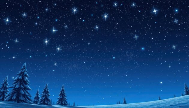 A serene winter night sky filled with bright stars over a snowy landscape and pine trees.