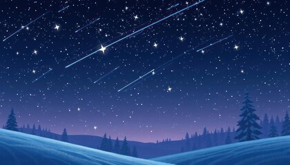 Fototapeta premium A serene winter night sky filled with stars and shooting stars over snow-covered hills.