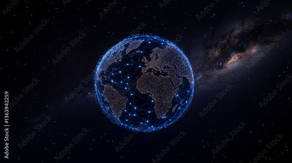 Poster global connectivity: a captivating depiction of earth, illuminated by a network of interconnected po