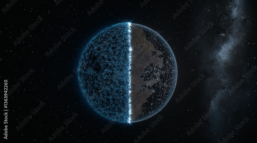 Poster celestial divide: a captivating image of a celestial body, possibly a planet, split into two distinc