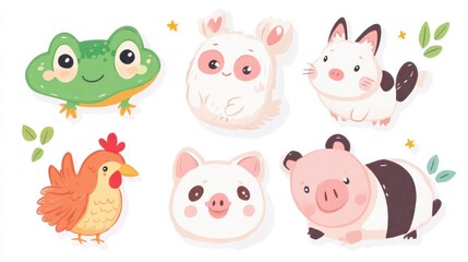Fototapeta premium Cartoon animals frog, bunny, rabbit, hen, pig illustration isolated on white background