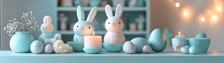 Decorative springtime display of eggs rabbits flowers and candles