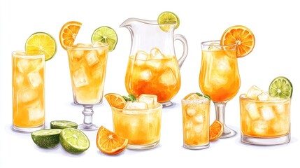 Variety of orange juice drinks, lime garnishes, served on ice, for summer menu use