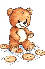Obraz premium Teddy bear playing hopscotch on cookies; playful illustration for children's books