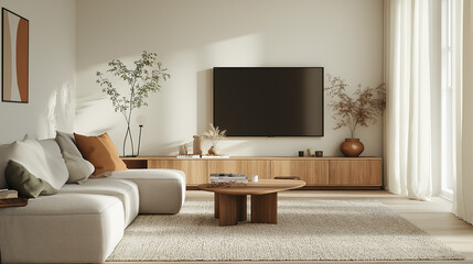 Fototapeta premium Living Room: Bright and airy modern living room featuring a sofa, TV, wooden coffee table, cabinet, rug, window with sunlight, plants and minimalist decor creating a relaxing vibe. 