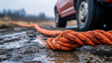 Orange tow rope in muddy field next to red truck