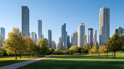 Obraz premium City Park Skyline With Skyscrapers And Trees In Autumn