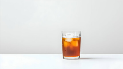 Transparent Glass Of Dark Liquid With Ice Cubes On A White Table In Front Of A Light Gray Background