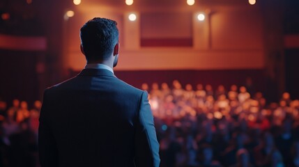 Man Delivering Inspiring Speech to Engaged Audience at a Vibrant Theater Event