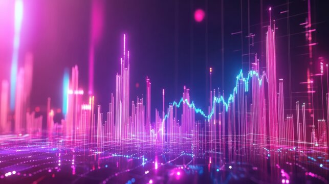 A highly detailed futuristic stock market chart with a rising trend, glowing neon effect, digital data visualization, financial analytics, and holographic interface in a high-tech style