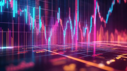 A highly detailed futuristic stock market chart with a rising trend, glowing neon effect, digital data visualization, financial analytics, and holographic interface in a high-tech style
