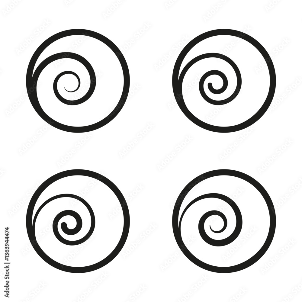 Poster set of spirals. abstract black patterns. minimalist circular shapes. vector illustration.