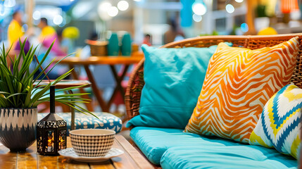 A cozy outdoor seating area with colorful cushions and decorative elements.