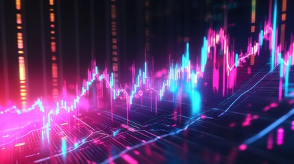 Obraz premium A highly detailed futuristic stock market chart with a rising trend, glowing neon effect, digital data visualization, financial analytics, and holographic interface in a high-tech style