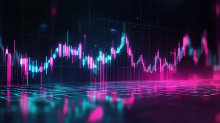 A highly detailed futuristic stock market chart with a rising trend, glowing neon effect, digital data visualization, financial analytics, and holographic interface in a high-tech style