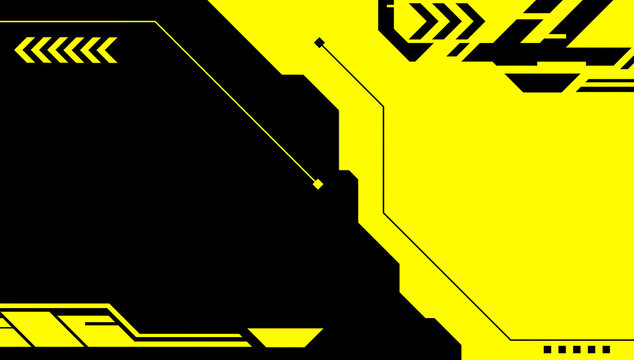 Futuristic abstract cyberpunk style background with geometric elements and technological patterns. The background is divided into black and yellow colors in technological style