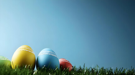 Colorful Easter Eggs On Grass Against Blue Sky
