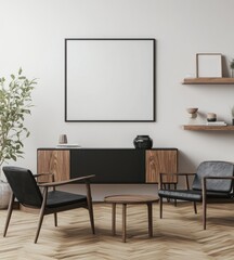 Modern minimalist living room interior with wooden furniture, black chairs, and empty frame.