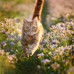 Fototapeta premium domestic cat with bright eyes walking towards camera through a field of flowers at golden hour