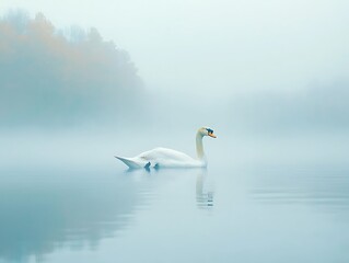 Obraz premium Solitary Swan for Misty Lake Autumn.