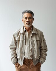 Fototapeta premium Middle aged man short black hair in gray jacket and brown pants solemn gaze on plain white background minimalist clean
