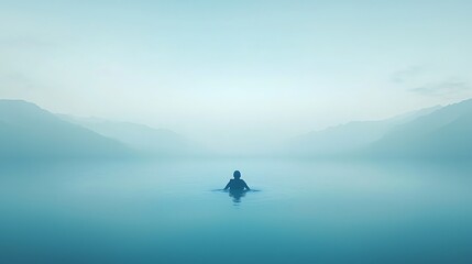 Fototapeta premium Solitary Swimmer for Misty Lake Dawn.