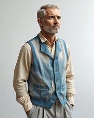 Fototapeta premium Middle aged man short gray hair in faded blue vest and gray pants wistful eyes on plain white background minimalist clean