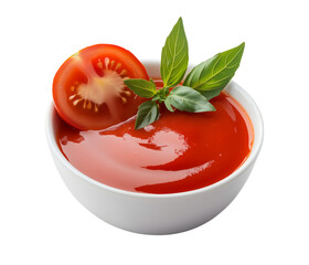 Red Tomato Sauce with Ripe Tomatoes and Green Leaves, Fresh Ketchup with Ingredients Isolated on Transparent Background