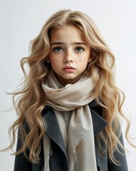 Teenage girl long wavy brown hair in black coat and gray scarf tear streaked face on plain white background minimalist clean