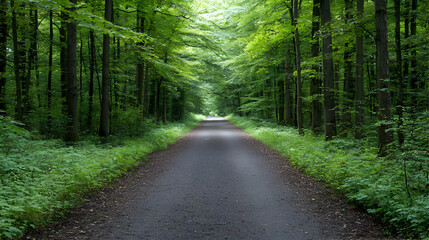 Obraz premium Tree Lined Forest Path with Green Foliage and Brown Ground Leading Towards Bright Sunlight