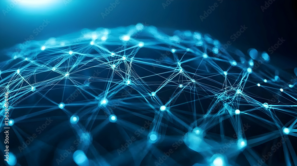 Poster abstract blue network sphere with connected points representing digital connectivity on dark backgro
