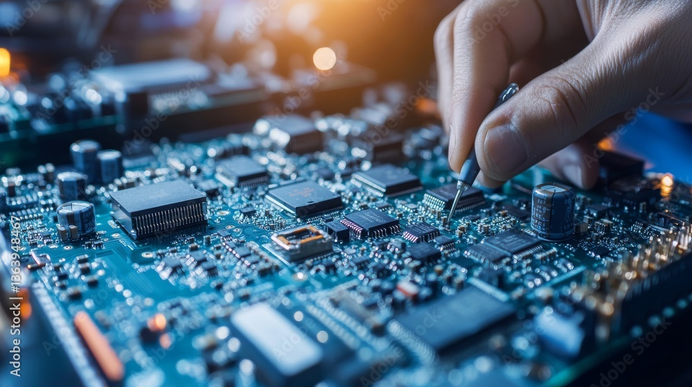 Poster computer parts. hands repair pc. electronic hardware. motherboard with microchips. pcb store. chip b