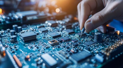 Computer parts. Hands repair PC. Electronic hardware. Motherboard with microchips. PCB store. Chip board. Device recovery. Workshop service. Arms on table top view. Vector illustration