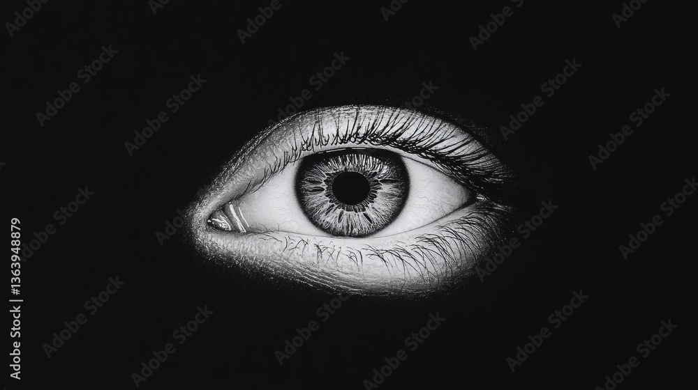 Poster a close-up of a human eye with detailed textures, set against a dark background, emphasizing its int