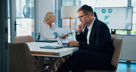 Business, man and laptop in meeting for finance research, review proposal and banking report. Person, accountant and online schedule of bookkeeping, investment feedback and company revenue for growth