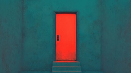 A solitary red door stands against a textured teal wall, creating a striking contrast and an intriguing focal point.