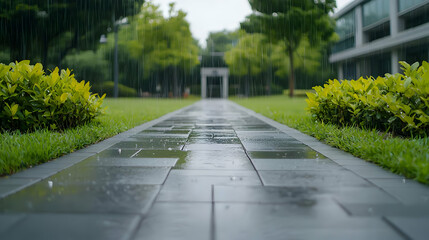 Fototapeta premium Rainy Pathway Through Park Landscaping