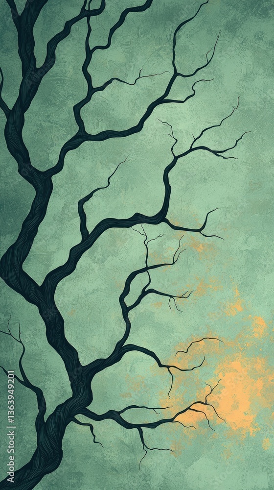 Poster a dark, skeletal tree branch is silhouetted against a textured green background with hints of orange