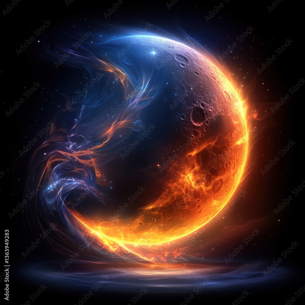 Poster a vibrant celestial scene featuring a glowing crescent moon surrounded by swirling cosmic colors, cr
