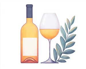 A bottle of wine and a glass, accompanied by a green olive branch, create an elegant and inviting atmosphere.