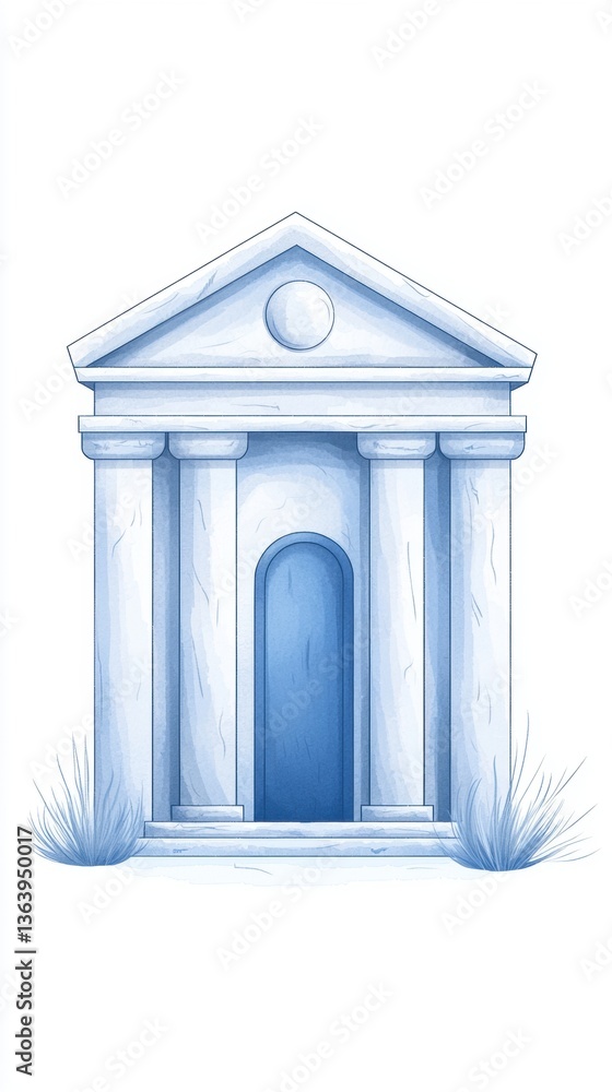 Poster a minimalist illustration of a classical building with columns, featuring a rounded doorway and a ci